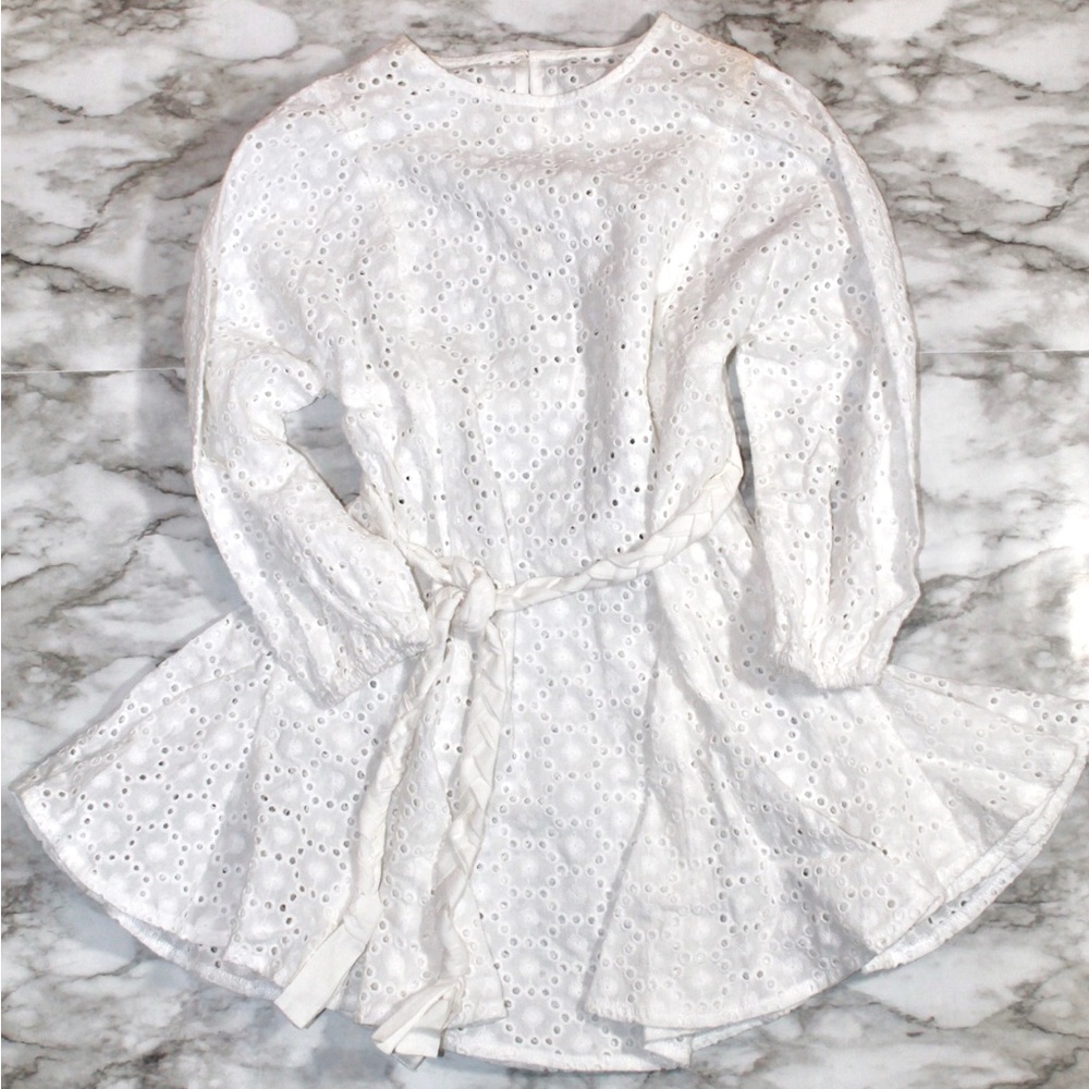 GB Girls White Embroidered Eyelet Tie-Waist Dress